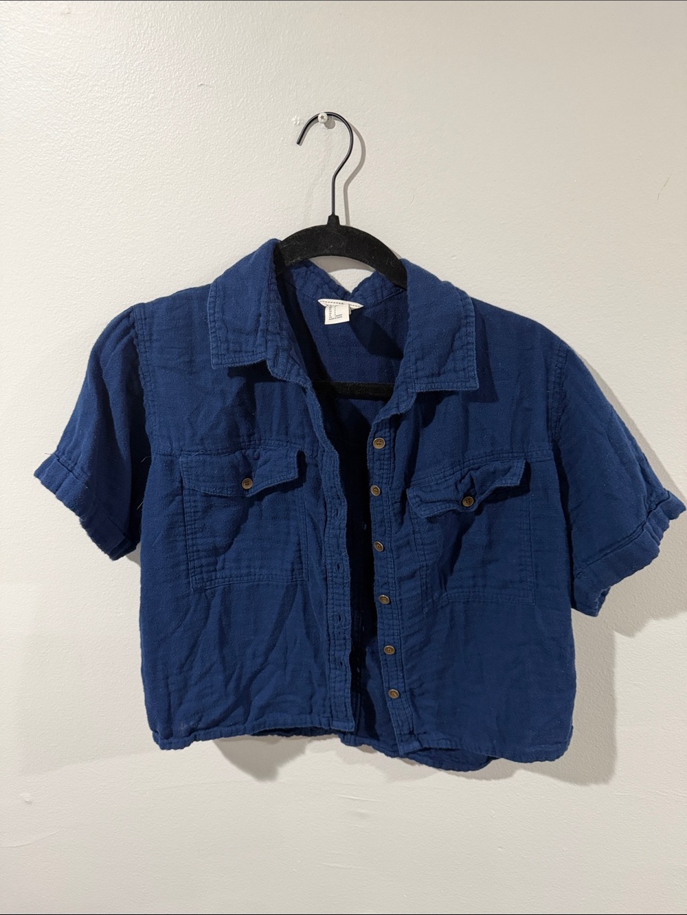 Blue Short Sleeve Button-Front crop top